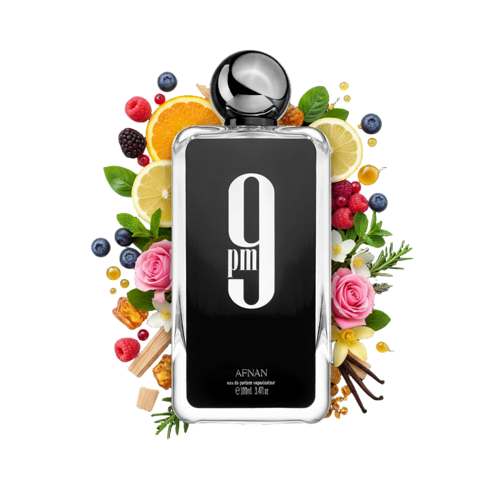 Afnan 9 pm 100 ml — flakon perfum z wizualizacją nut owoców, kwiatów i drzewa sandałowego