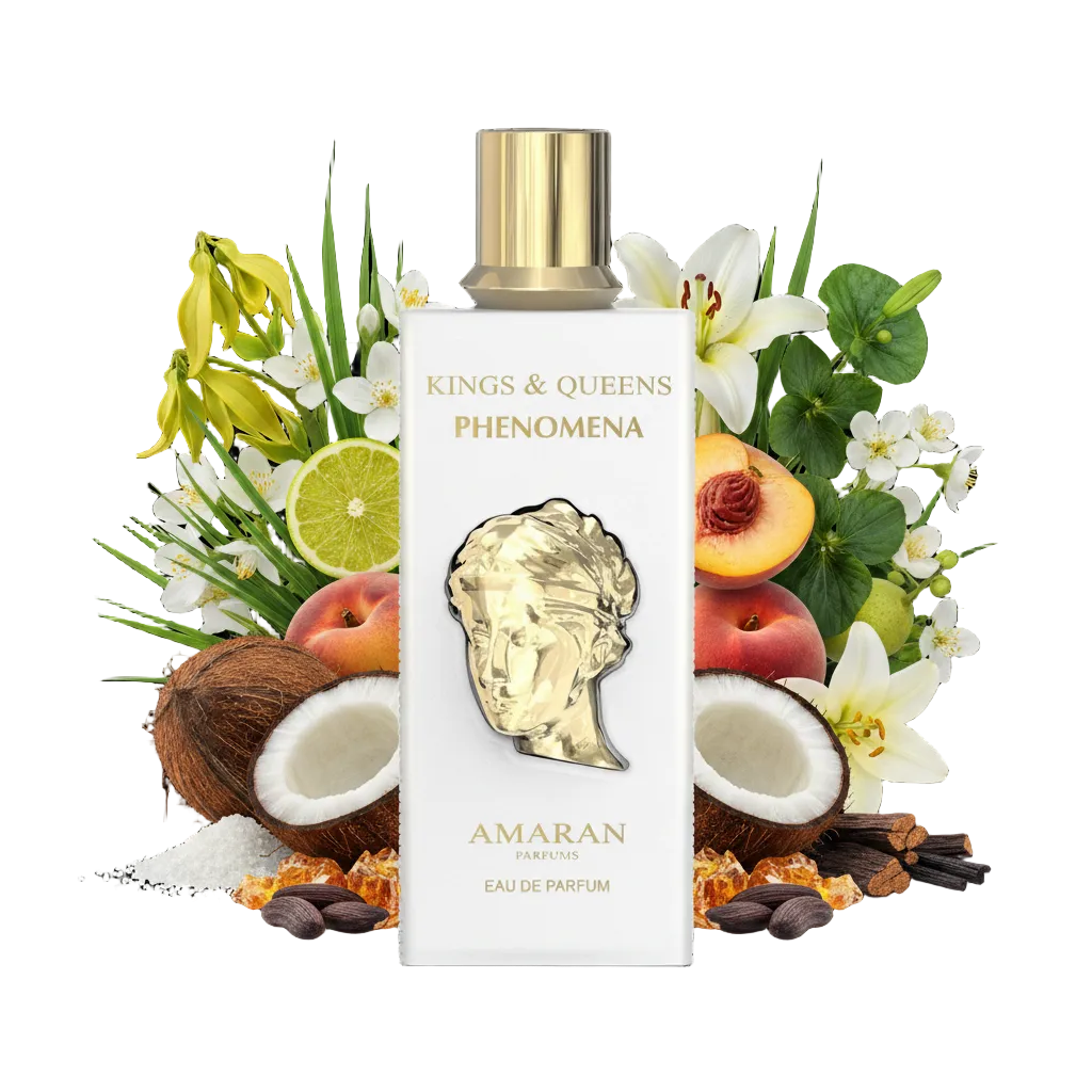 Składniki perfum Amaran Kings & Queens Phenomena: brzoskwinia, kokos, ylang-ylang i biały heliotrop – luksusowa odlewka unisex w typie Andromeda.
