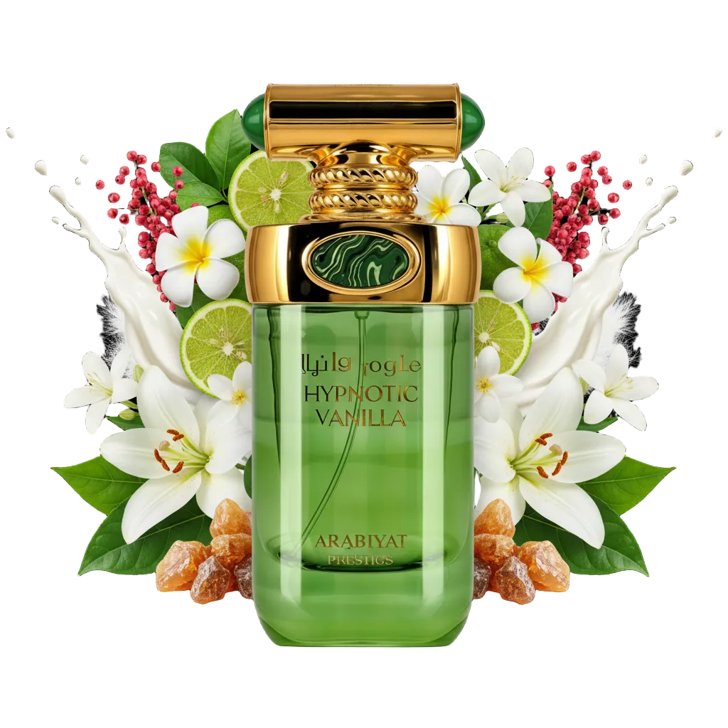 Składniki perfum Arabiyat Prestige Hypnotic Vanilla: nuty mleczne, frangipani, jaśmin i benzoes – trwała kremowa odlewka perfum arabskich.