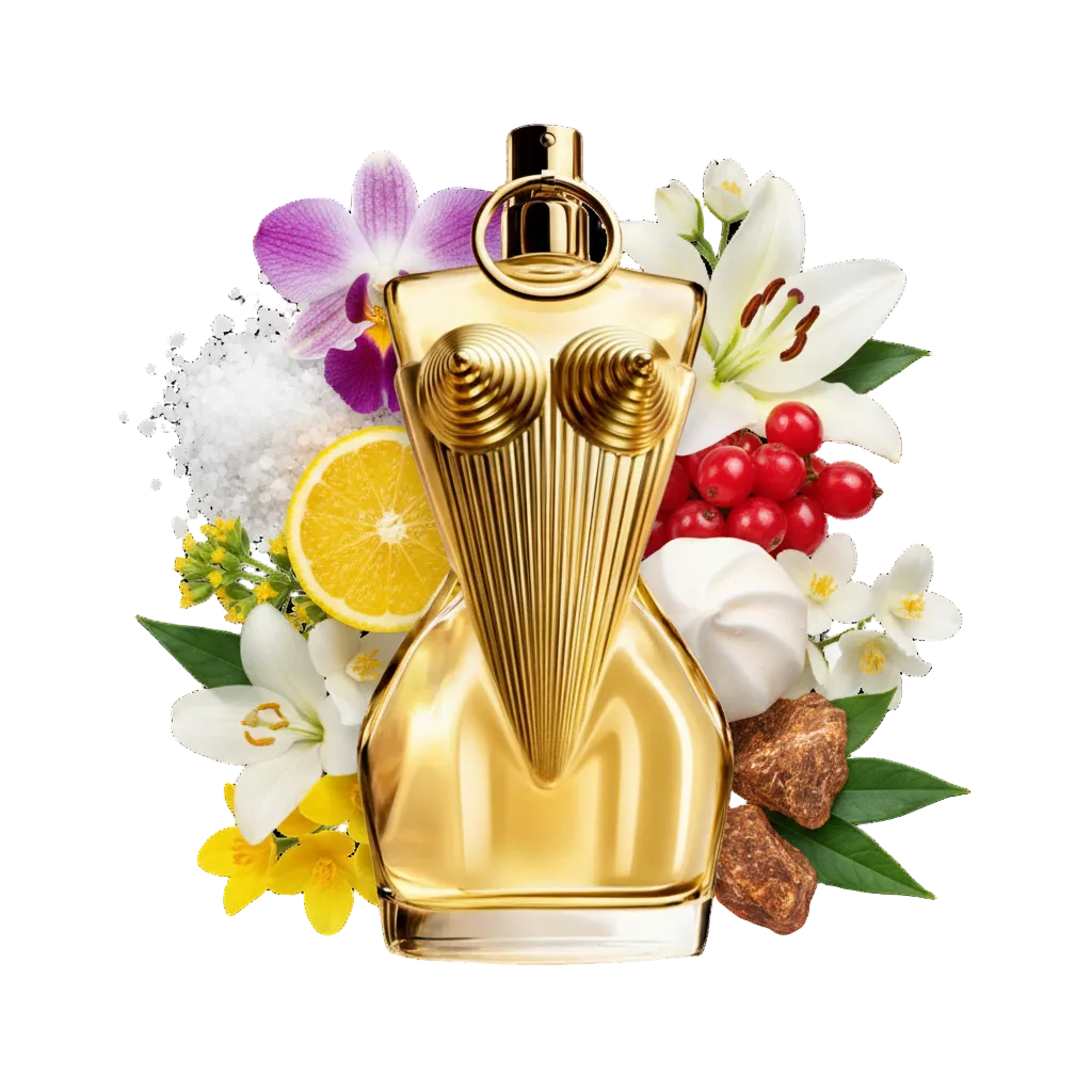 Odlewka perfum Gaultier Divine 5ml i 10ml na tle grafik przedstawiających nuty zapachowe: białe kwiaty, lilia oraz słodka beza. Sklep The Your Aromat