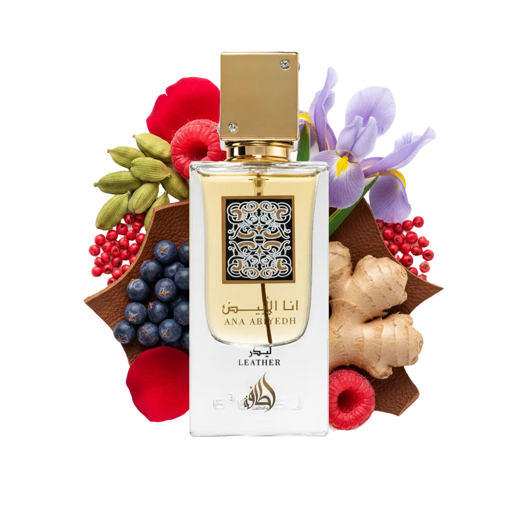 Składniki perfum Lattafa Ana Abiyedh Leather: skóra, jagody jałowca, irys i malina – trwała skórzana odlewka w typie Irish Leather.
