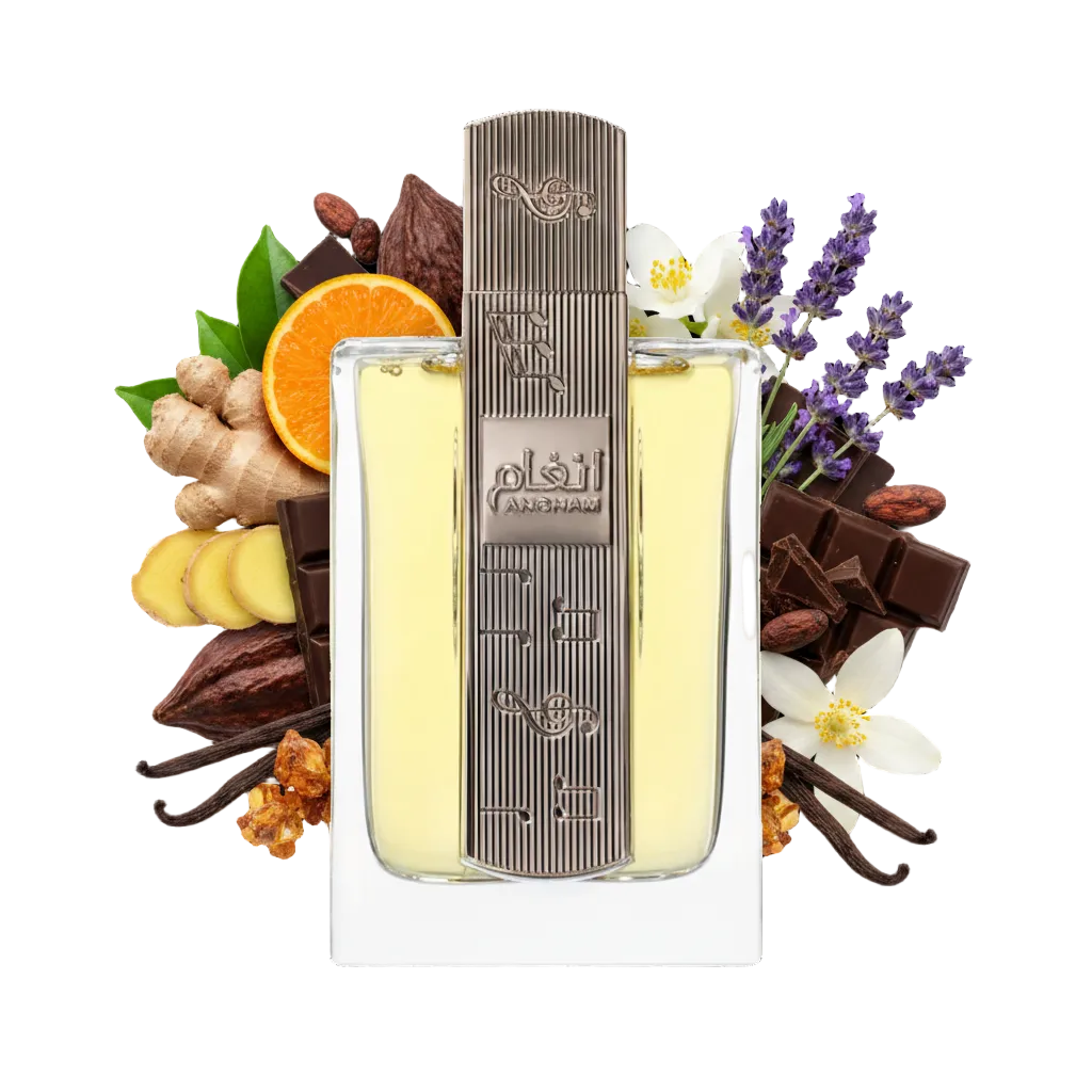 Składniki perfum Lattafa Angham: lawenda, wanilia, kakao i klementynka – elegancka odlewka perfum damskich w typie Burberry Goddess.