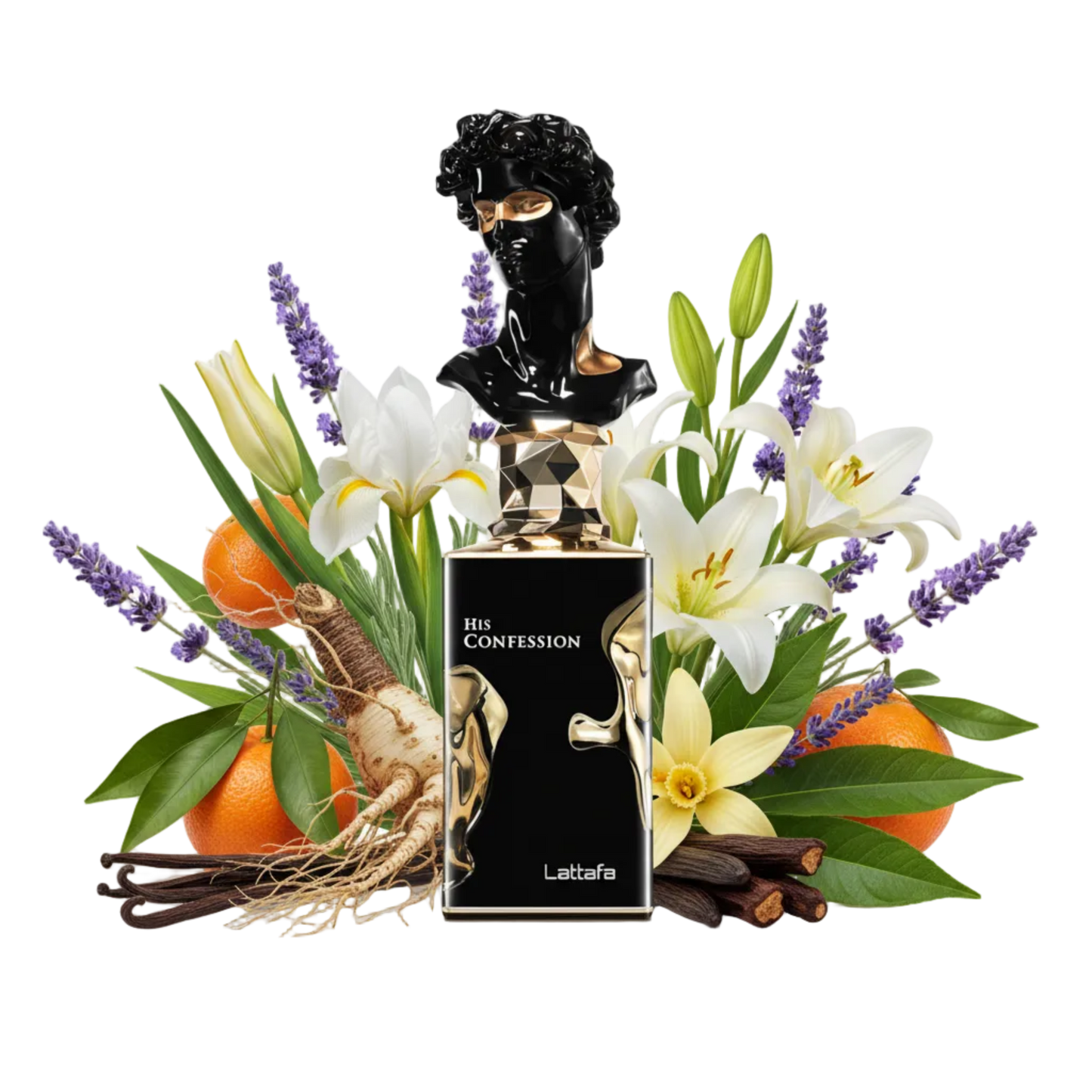 Składniki perfum Lattafa His Confession: irys, cynamon, lawenda i wanilia – trwała elegancka odlewka w typie Gentleman Reserve Privée.