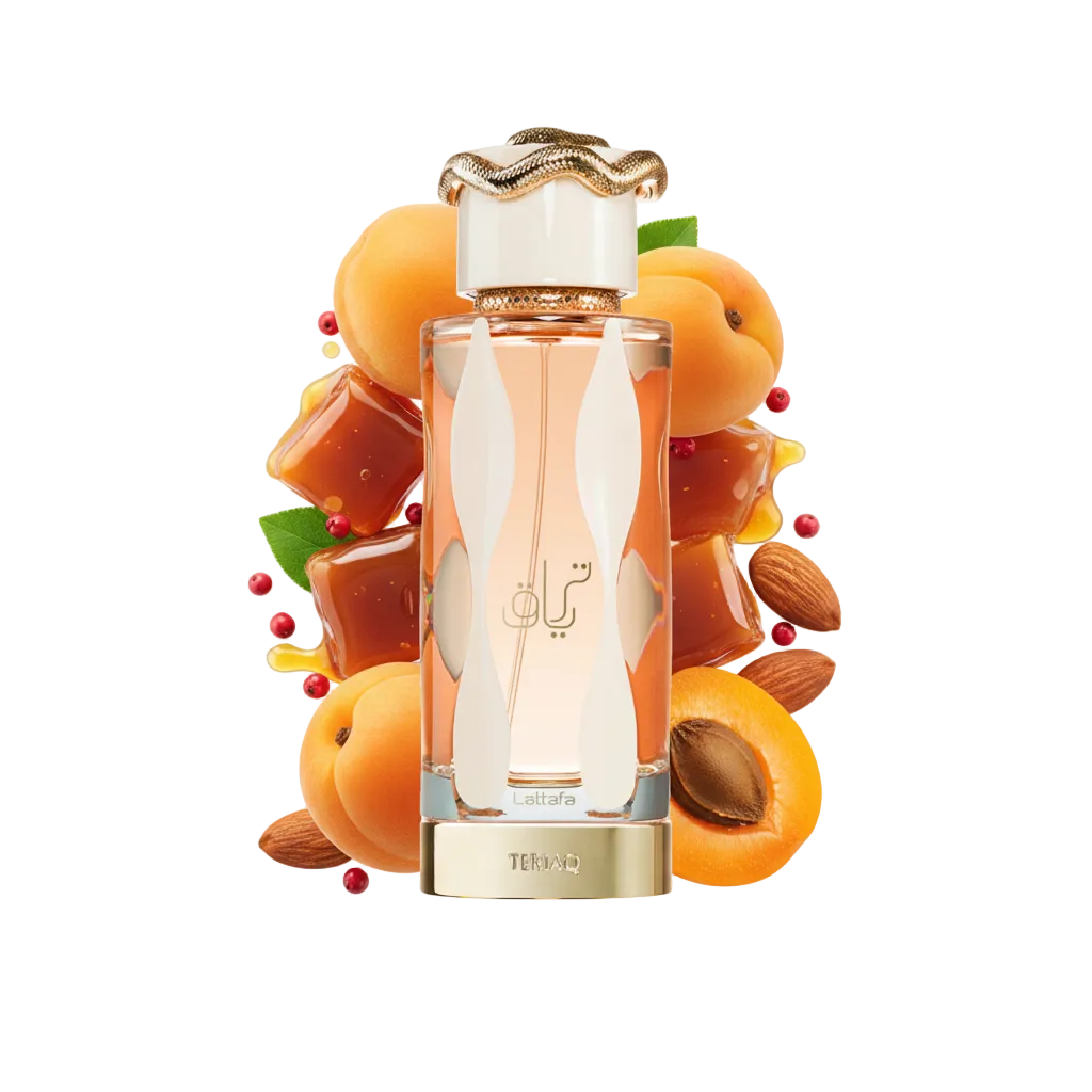 Składniki perfum Lattafa Teriaq: karmel, miodowy rabarbar i skóra – trwała orientalno-gourmand odlewka perfum.
