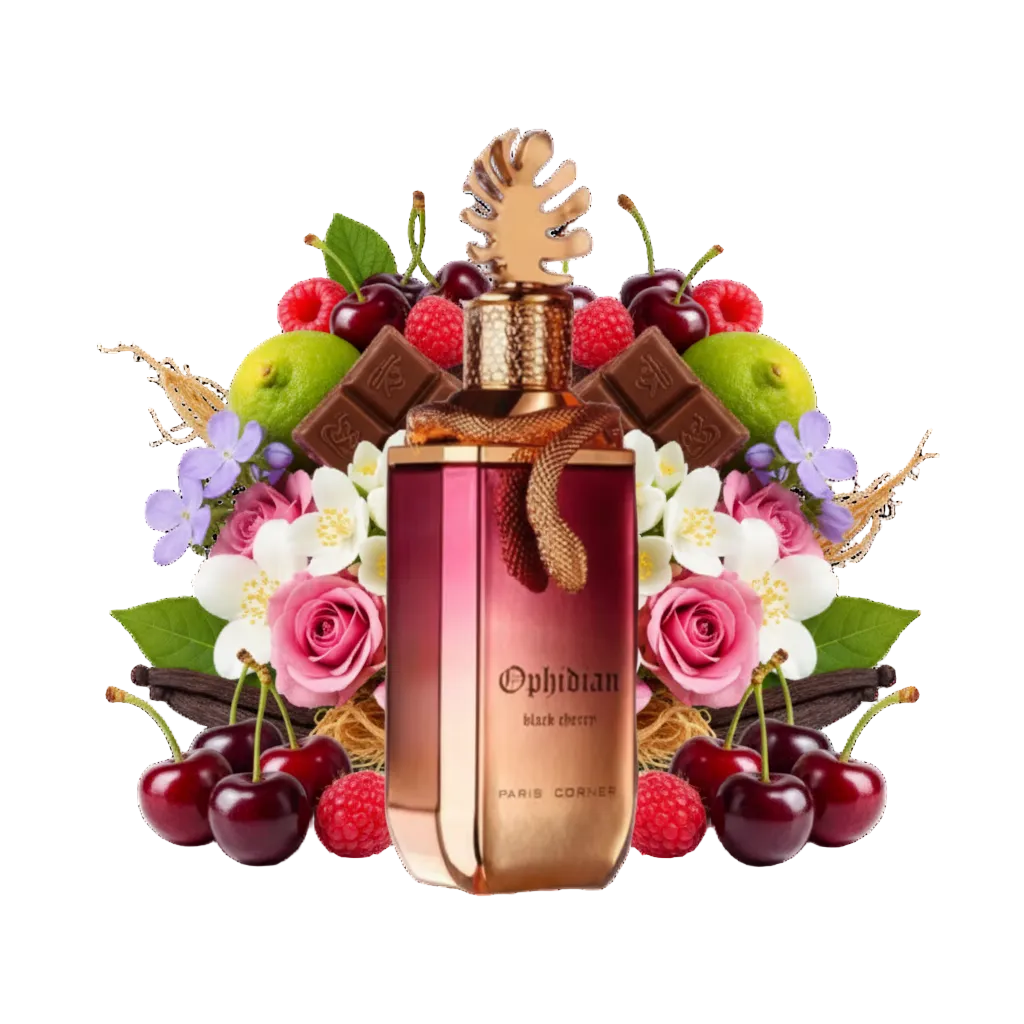 Składniki perfum Paris Corner Ophidian Black Cherry: czarna wiśnia, pralina, palo santo i drzewo gwajakowe – trwała odlewka zapachu w typie Cherry Smoke