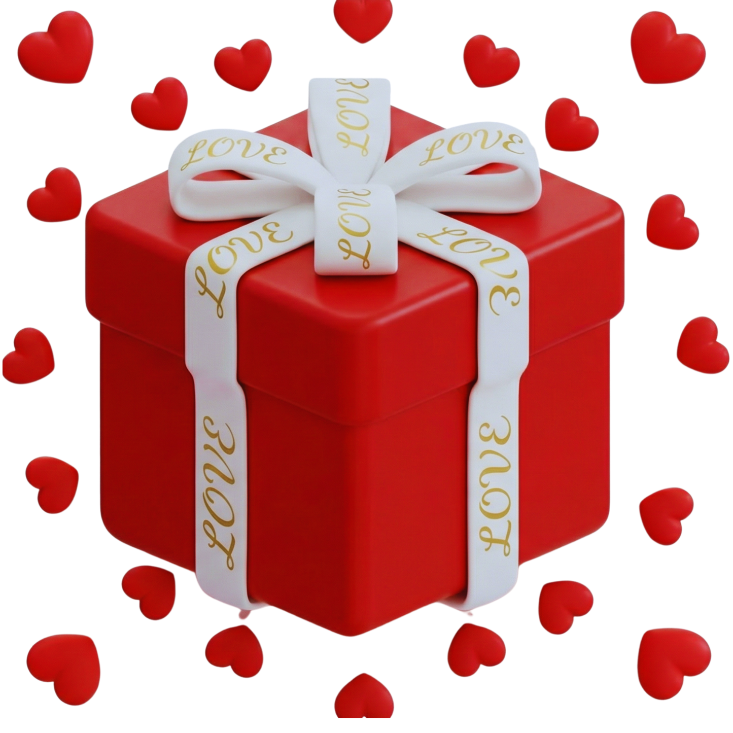 Eleganckie czerwone pudełko prezentowe z białymi wstążkami na białym tle ozdobionym symetrycznymi czerwonymi sercami. Stylowy box przygotowany na zestaw odlewek perfum dla zakochanych