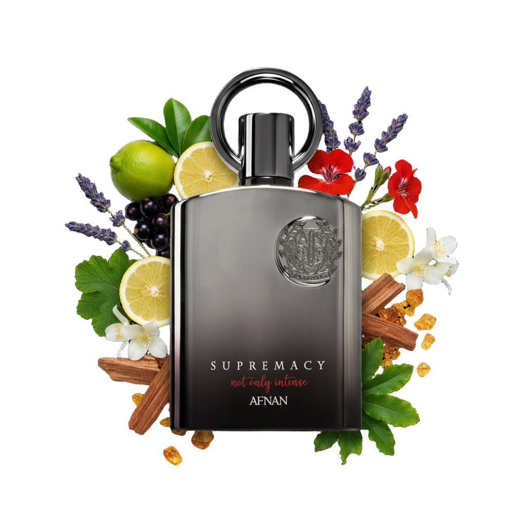 Supremacy Not Only Intense 100 ml — flakon perfum z wizualizacją nut bergamotki, lawendy i cedru