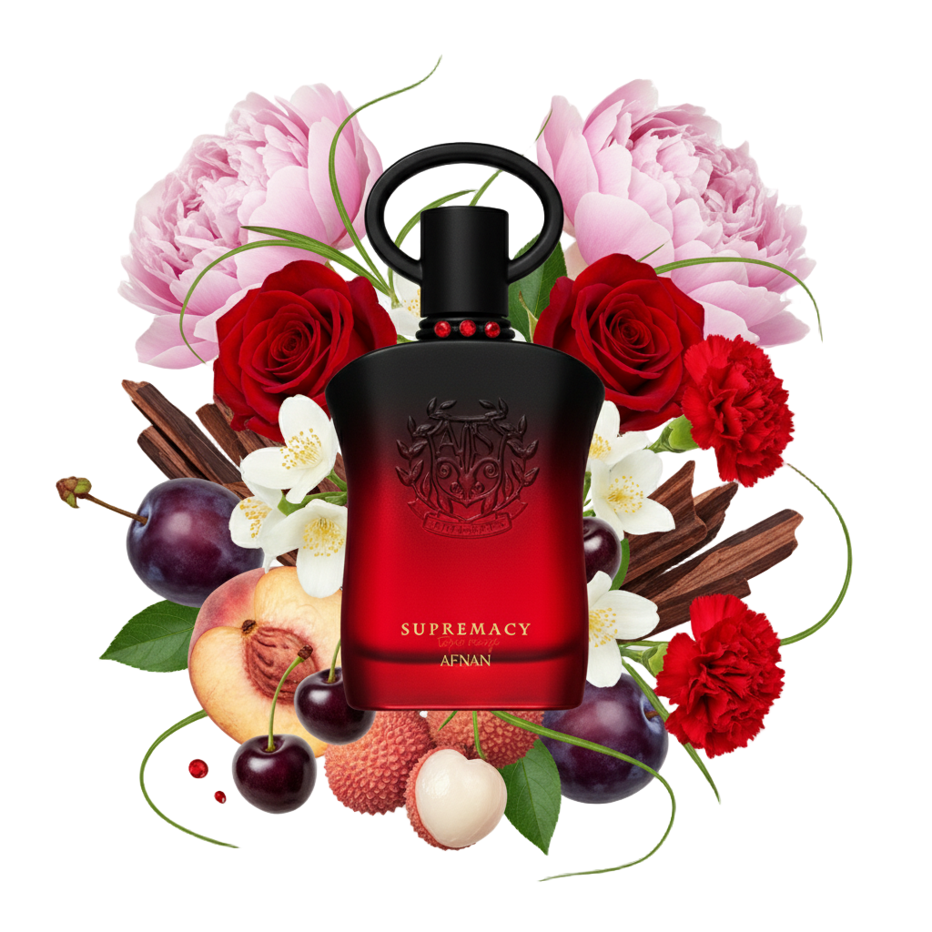 Supremacy Tapis Rouge 90 ml — flakon perfum z wizualizacją nut czerwonych owoców, róży i paczuli