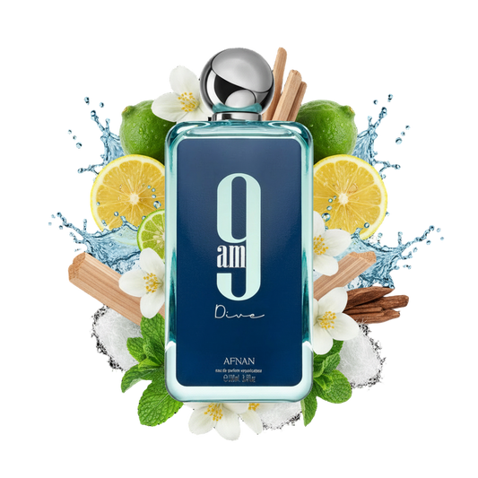 Afnan 9 am Dive 100 ml — flakon perfum z wizualizacją nut cytrusów, kwiatów i drewna