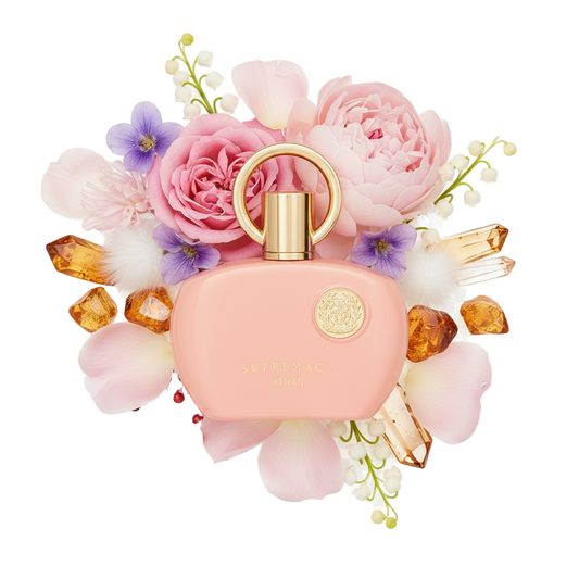 Afnan Supremacy Pink 100 ml — flakon perfum z wizualizacją nut owocowych i kwiatowych