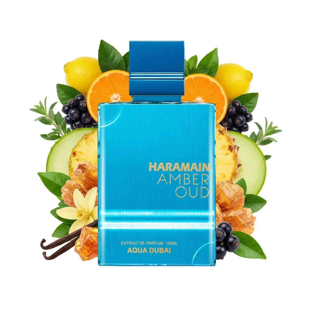 Składniki perfum Al Haramain Amber Oud Aqua Dubai: mandarynka, zielone nuty, melon i ambra – trwała świeża odlewka w typie Louis Vuitton Imagination.