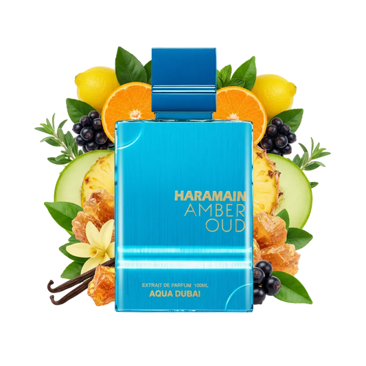 Składniki perfum Al Haramain Amber Oud Aqua Dubai: mandarynka, zielone nuty, melon i ambra – trwała świeża odlewka w typie Louis Vuitton Imagination.
