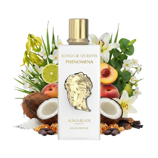 Składniki perfum Amaran Kings & Queens Phenomena: brzoskwinia, kokos, ylang-ylang i biały heliotrop – luksusowa odlewka unisex w typie Andromeda.