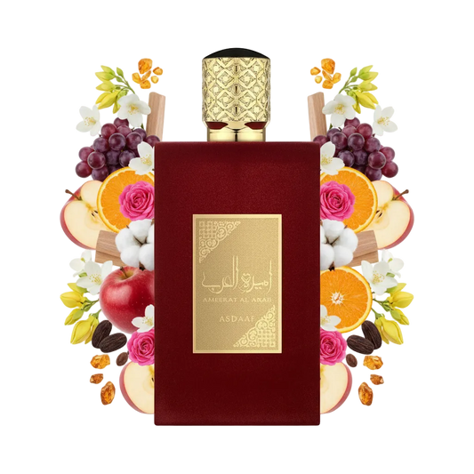 Asdaaf Ameerat Al Arab 100 ml — flakon perfum z wizualizacją nut kwiatowych i orientalnych