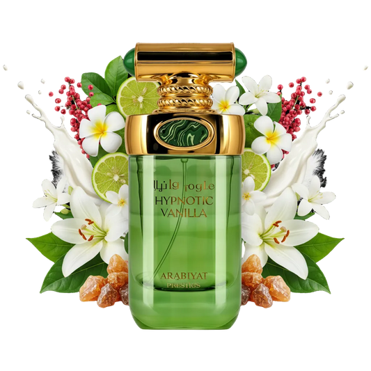 Składniki perfum Arabiyat Prestige Hypnotic Vanilla: nuty mleczne, frangipani, jaśmin i benzoes – trwała kremowa odlewka perfum arabskich.