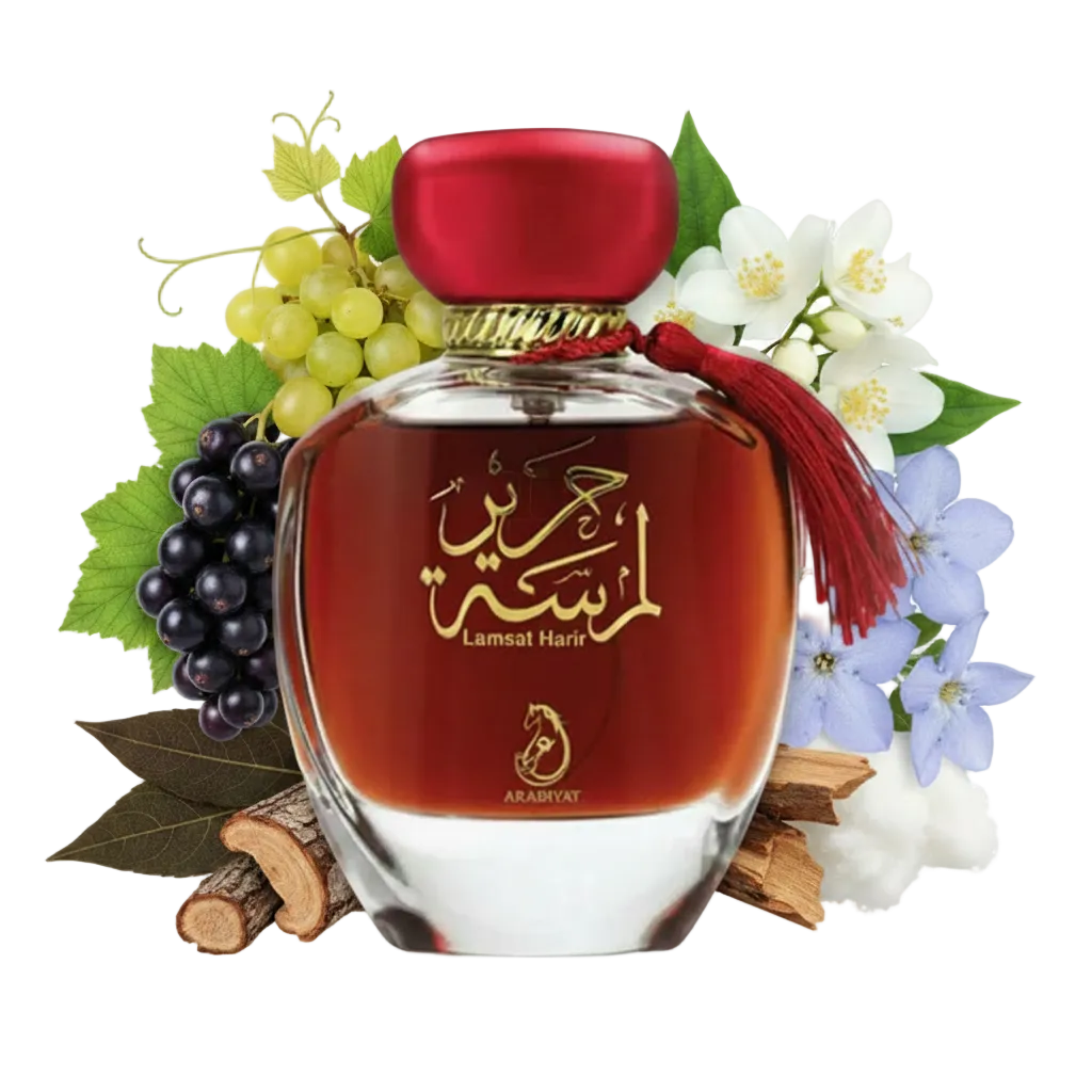 Składniki perfum Lamsat Harir: czarna porzeczka, winogrona, jaśmin i paczula – elegancka odlewka perfum damskich w typie Armani Si.