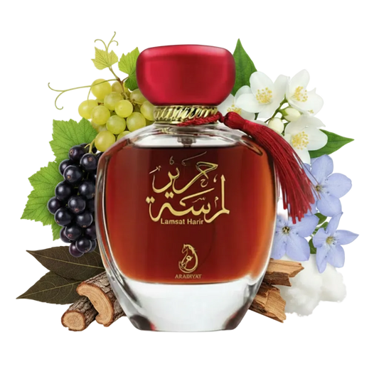 Składniki perfum Lamsat Harir: czarna porzeczka, winogrona, jaśmin i paczula – elegancka odlewka perfum damskich w typie Armani Si.