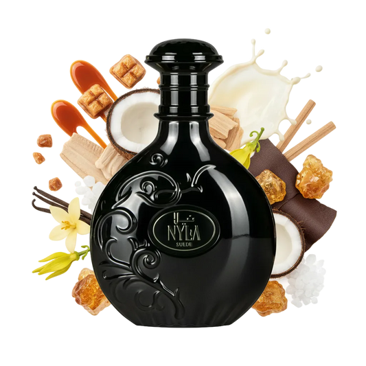 Składniki perfum Arabiyat Prestige Nyla Suede: słodki karmel, praliny, mleko waniliowe oraz elegancka tekstura zamszu i drewna sandałowego