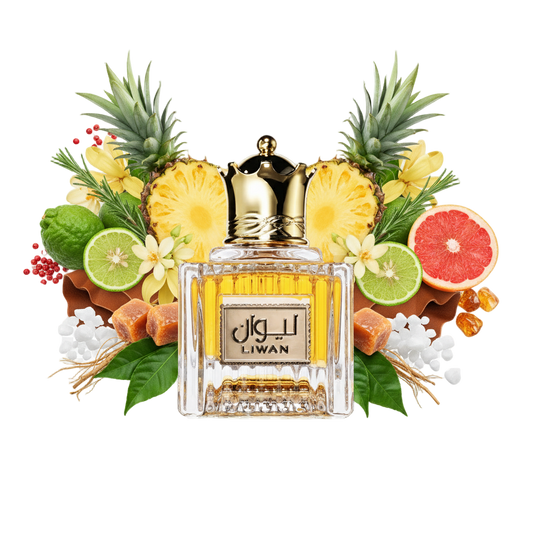 Ard Al Zaafaran Liwan 100 ml — flakon perfum z wizualizacją nut cytrusów, drewna i przypraw