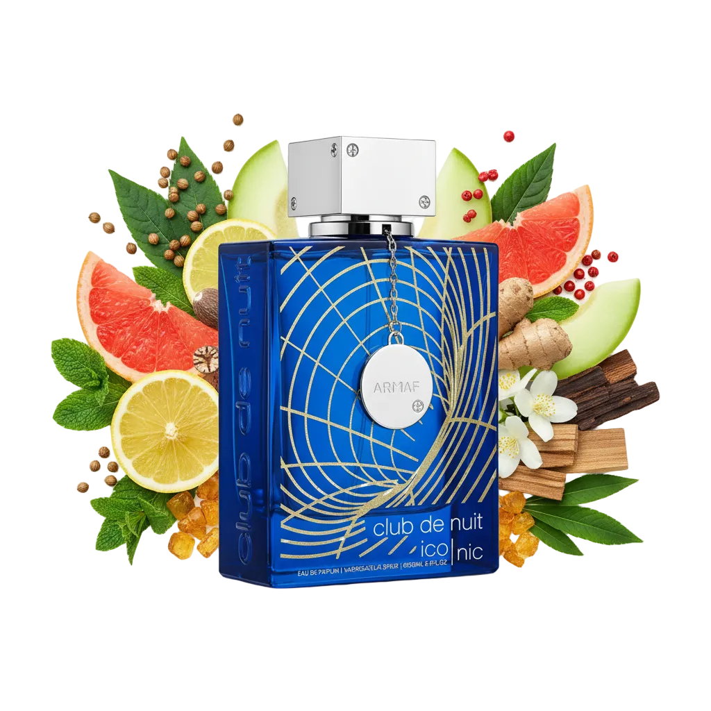 Składniki perfum Armaf Club de Nuit Blue Iconic: grejpfrut, mięta, imbir i nuty drzewne – trwała świeża odlewka w typie Bleu de Chanel.