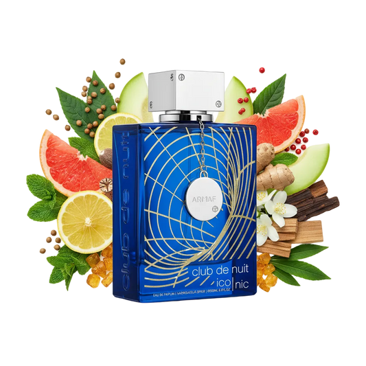 Składniki perfum Armaf Club de Nuit Blue Iconic: grejpfrut, mięta, imbir i nuty drzewne – trwała świeża odlewka w typie Bleu de Chanel.