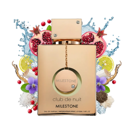 Składniki perfum Armaf Club de Nuit Milestone: nuty morskie, czerwone owoce i ambroksan – trwała odlewka w typie Millésime Impérial.