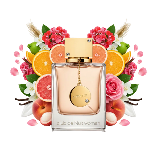 Składniki perfum Armaf Club De Nuit Woman: róża, brzoskwinia, paczula i bergamotka – trwała odlewka zapachu w typie Coco Mademoiselle.