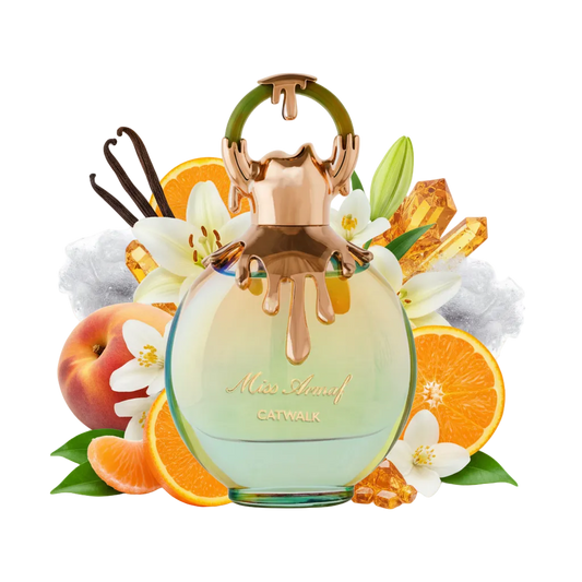 Składniki perfum Armaf Miss Armaf Catwalk: mandarynka, brzoskwinia, jaśmin i wanilia – trwała odlewka zapachu w typie I Want Choo