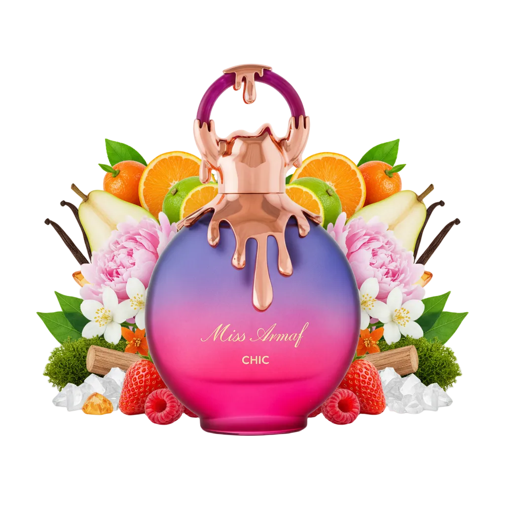 Składniki perfum Armaf Miss Armaf Chic: truskawka, malina, piwonia i paczula – owocowa odlewka zapachu w typie Mon Paris.