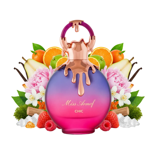 Składniki perfum Armaf Miss Armaf Chic: truskawka, malina, piwonia i paczula – owocowa odlewka zapachu w typie Mon Paris.