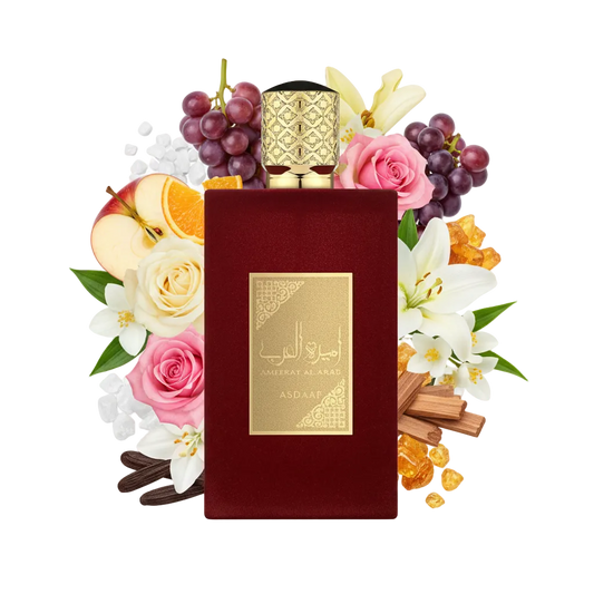 Składniki perfum Asdaaf Ameerat Al Arab: winogrono, jabłko, jaśmin i białe piżmo – trwała owocowo-kwiatowa odlewka perfum arabskich.