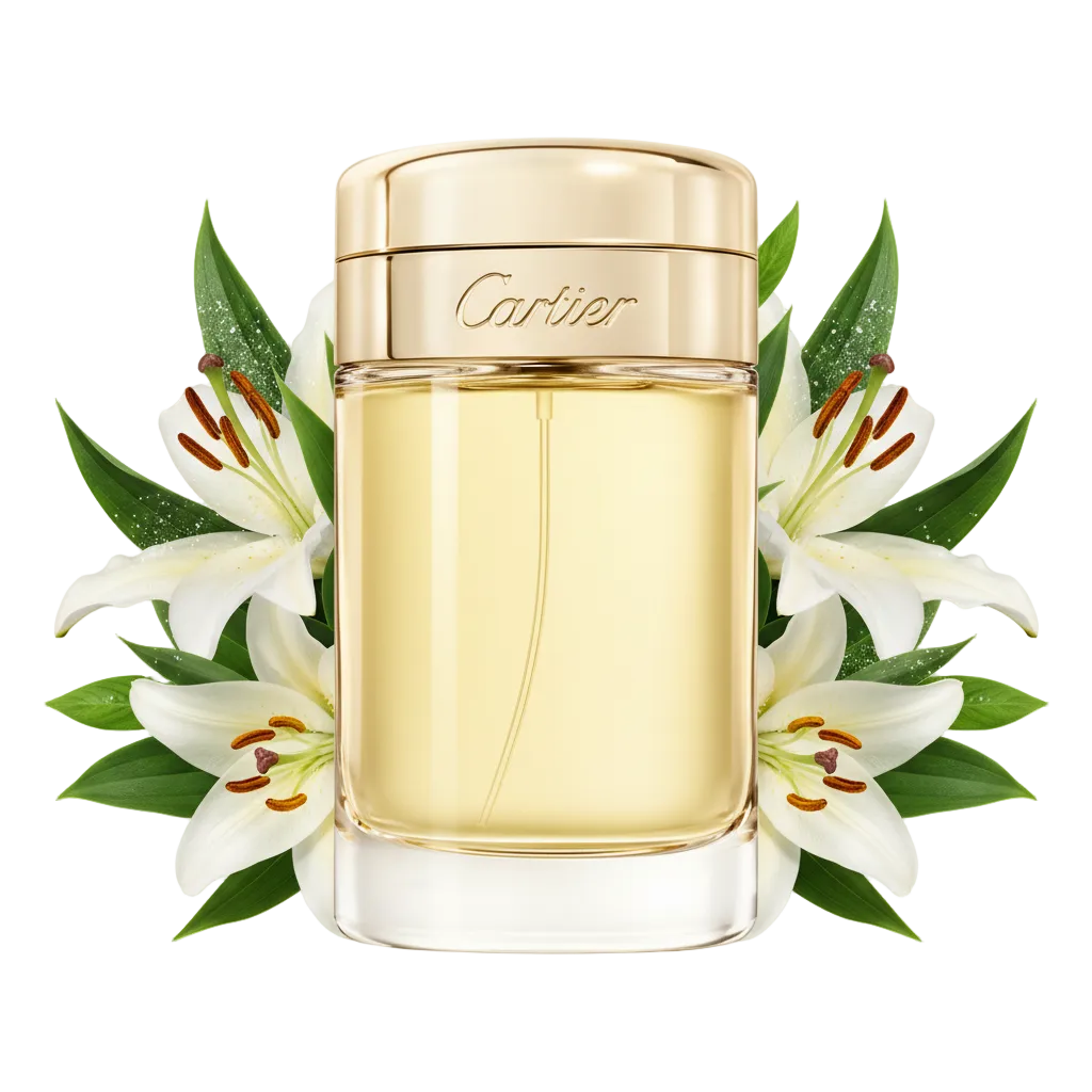 Składniki perfum Cartier Baiser Volé: białe płatki lilii, zielone liście oraz pudrowe nuty bazy, tworzące szlachetną kompozycję luksusowej odlewki