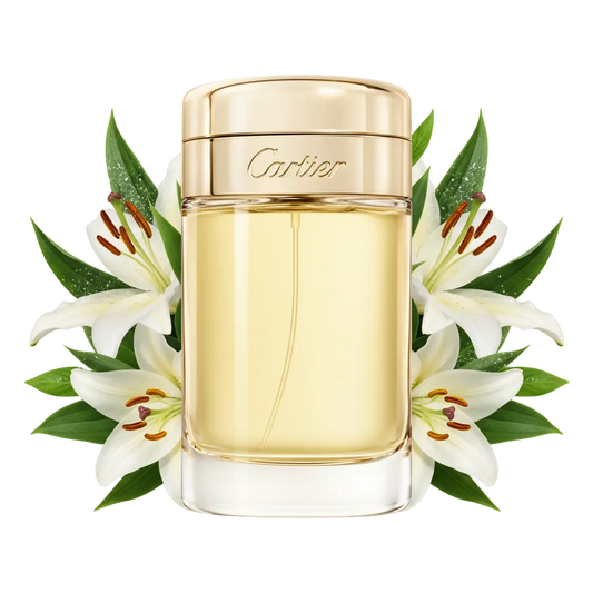 Składniki perfum Cartier Baiser Volé: białe płatki lilii, zielone liście oraz pudrowe nuty bazy, tworzące szlachetną kompozycję luksusowej odlewki