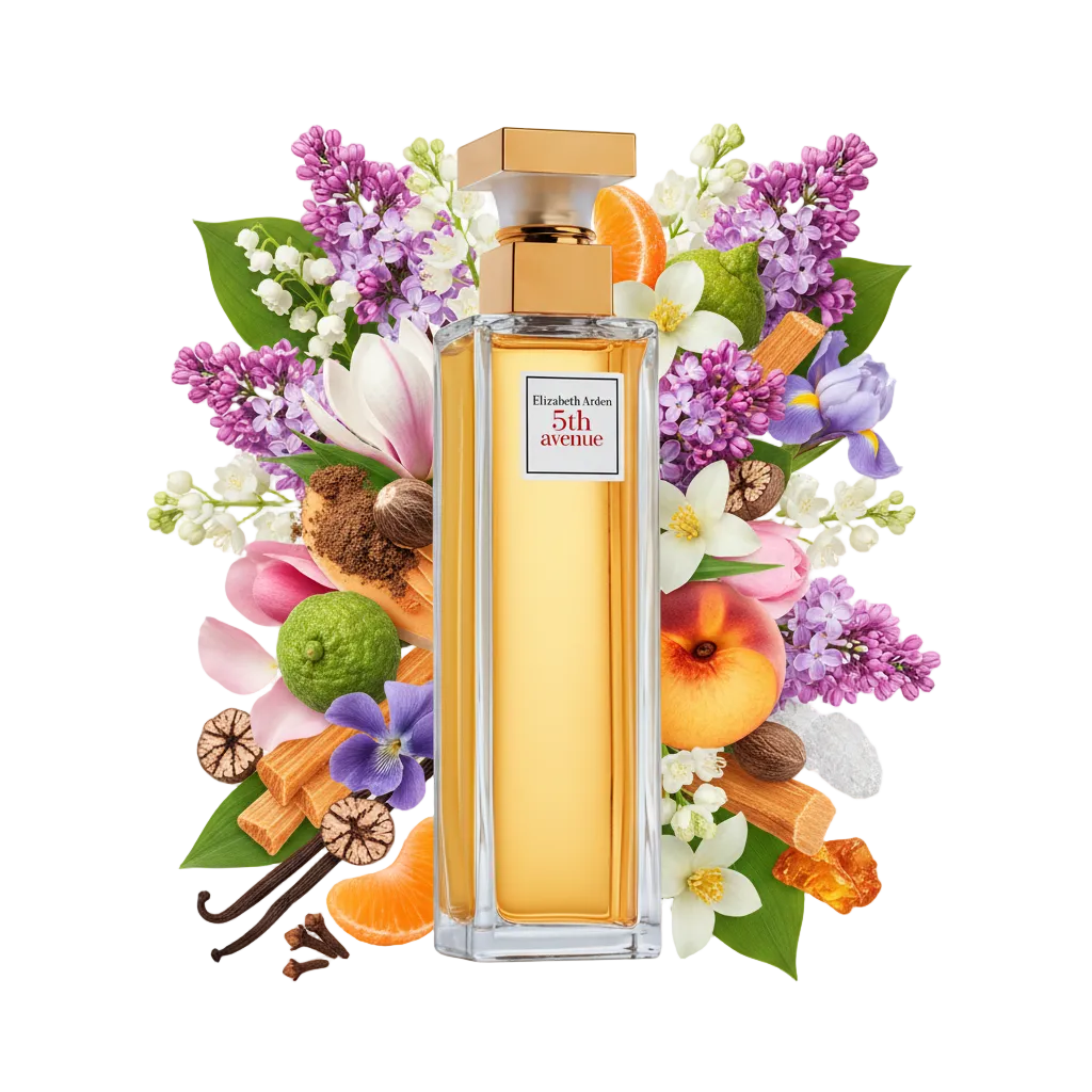 Składniki perfum Elizabeth Arden 5th Avenue: bez, konwalia, kwiat lipy i irys – klasyczna odlewka perfum dla kobiet.