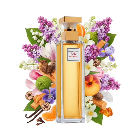 Składniki perfum Elizabeth Arden 5th Avenue: bez, konwalia, kwiat lipy i irys – klasyczna odlewka perfum dla kobiet.