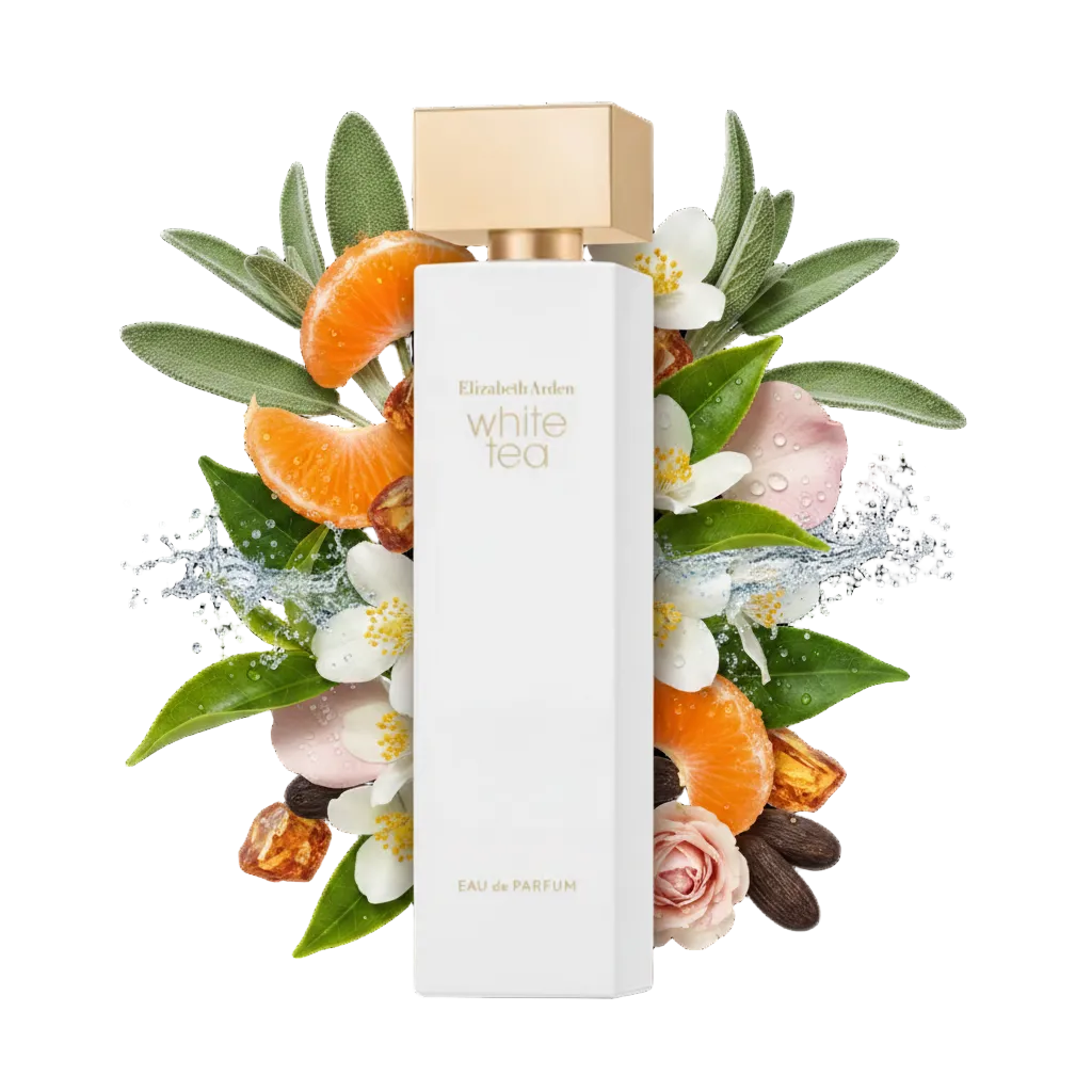 Składniki perfum Elizabeth Arden White Tea: biała herbata, mandarynka i nuty morskie – świeża kobieca odlewka perfum.