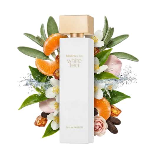 Składniki perfum Elizabeth Arden White Tea: biała herbata, mandarynka i nuty morskie – świeża kobieca odlewka perfum.
