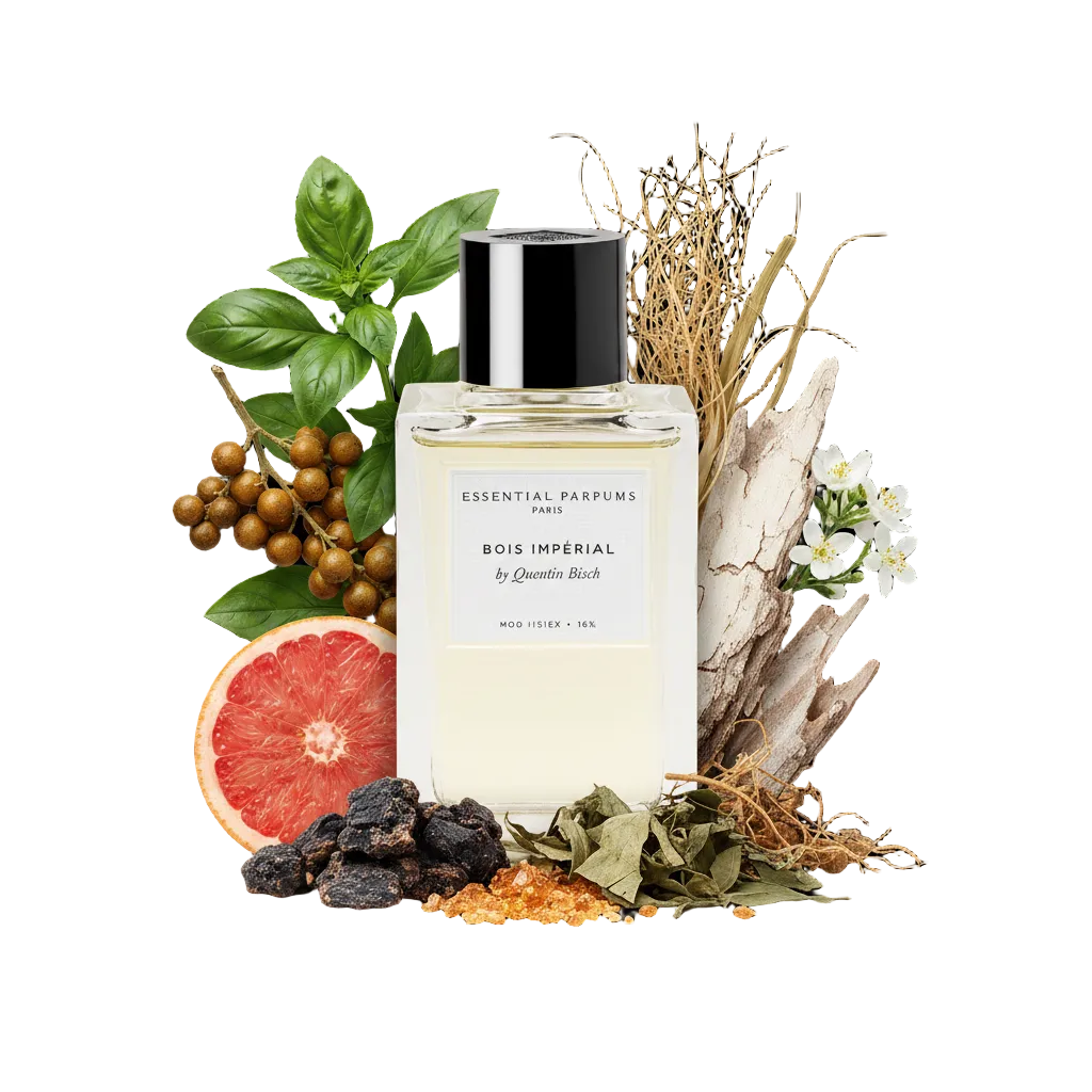 Składniki perfum Essential Parfums Bois Imperial: molekuła Akigalawood, tajska bazylia, wetyweria i pieprz timut – luksusowa, niszowa odlewka unisex.