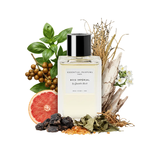 Składniki perfum Essential Parfums Bois Imperial: molekuła Akigalawood, tajska bazylia, wetyweria i pieprz timut – luksusowa, niszowa odlewka unisex.