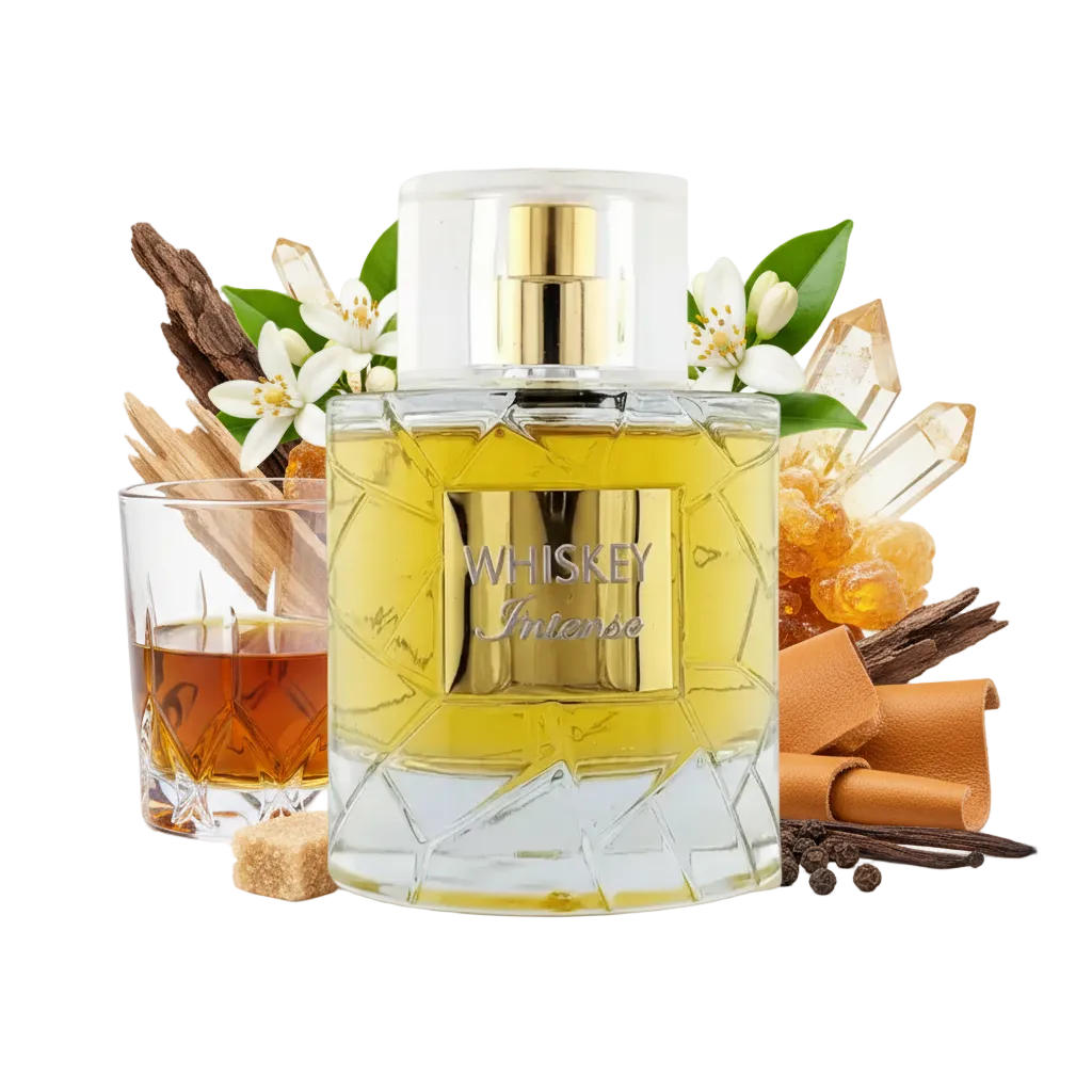 Składniki perfum Fragrance World Whiskey Intense: nuty whiskey, kadzidło, brązowy cukier i skóra – aromatyczna odlewka perfum.