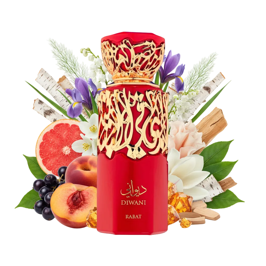 Składniki perfum French Avenue Diwani Rabat: brzoskwinia, irys, tuberoza oraz nuty drzewne – odlewka zapachu arabskiego