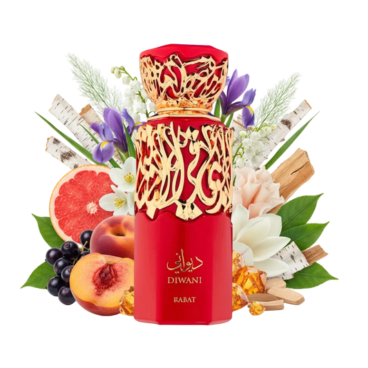 Składniki perfum French Avenue Diwani Rabat: brzoskwinia, irys, tuberoza oraz nuty drzewne – odlewka zapachu arabskiego