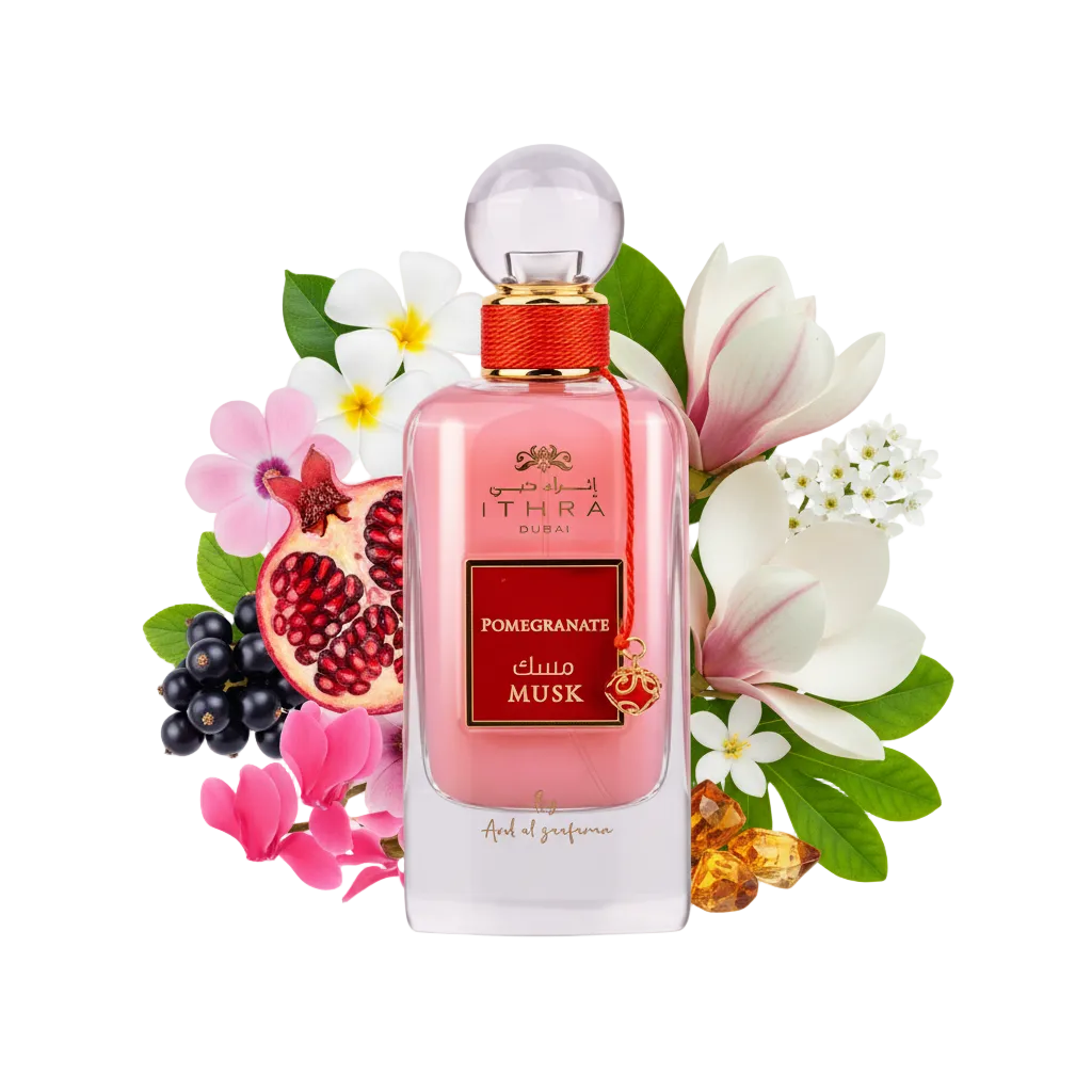 Składniki perfum Ithra Dubai Musk Pomegranate: soczysty granat, czarna porzeczka i magnolia – trwała owocowa odlewka perfum arabskich.