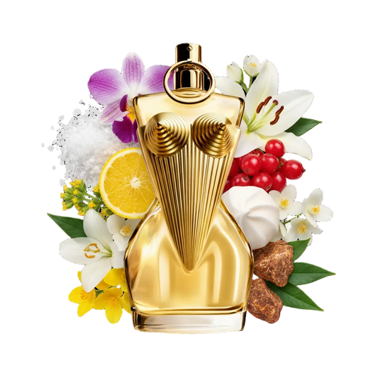 Odlewka perfum Gaultier Divine 5ml i 10ml na tle grafik przedstawiających nuty zapachowe: białe kwiaty, lilia oraz słodka beza. Sklep The Your Aromat