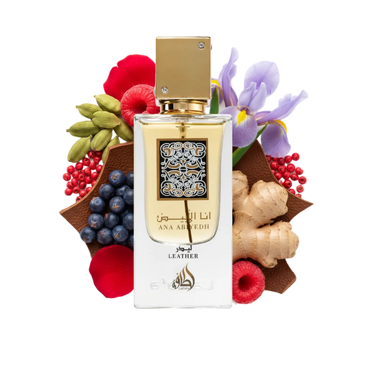 Składniki perfum Lattafa Ana Abiyedh Leather: skóra, jagody jałowca, irys i malina – trwała skórzana odlewka w typie Irish Leather.