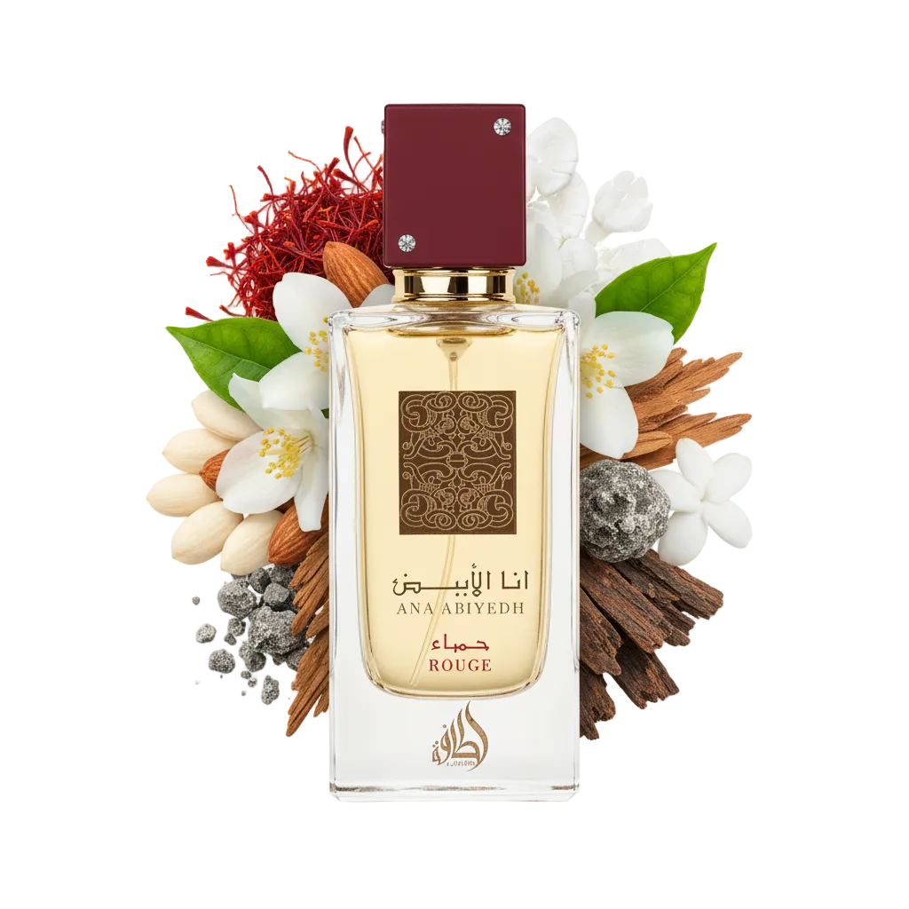 Składniki perfum Lattafa Ana Abiyedh Rouge: szafran, jaśmin wielkolistny i szara ambra – odlewka zapachu w typie Baccarat Rouge 540