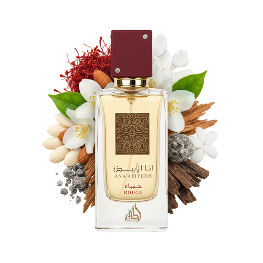 Składniki perfum Lattafa Ana Abiyedh Rouge: szafran, jaśmin wielkolistny i szara ambra – odlewka zapachu w typie Baccarat Rouge 540