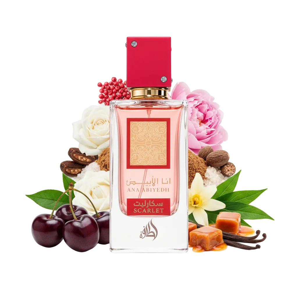 Składniki perfum Lattafa Ana Abiyedh Scarlet: czarna wiśnia, karmel, cukier i biała róża – trwała słodka odlewka w typie Lost Cherry.