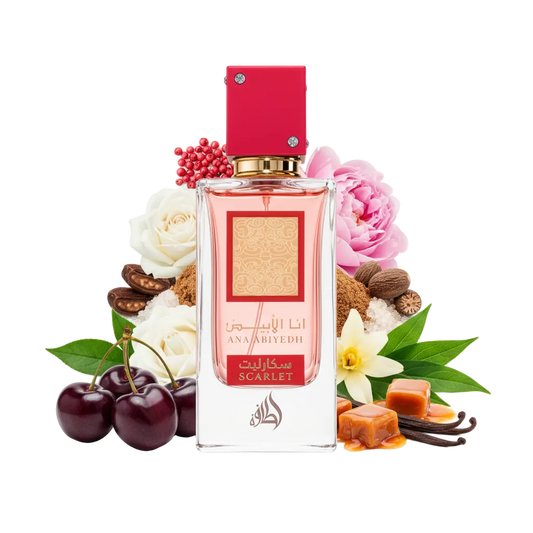 Składniki perfum Lattafa Ana Abiyedh Scarlet: czarna wiśnia, karmel, cukier i biała róża – trwała słodka odlewka w typie Lost Cherry.