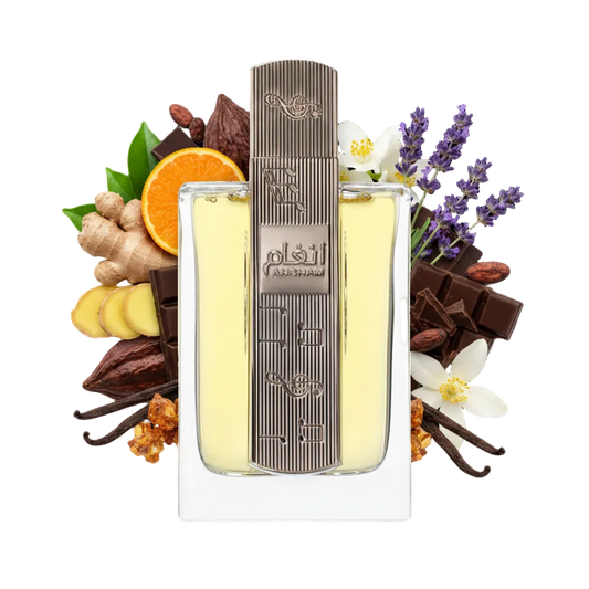 Składniki perfum Lattafa Angham: lawenda, wanilia, kakao i klementynka – elegancka odlewka perfum damskich w typie Burberry Goddess.